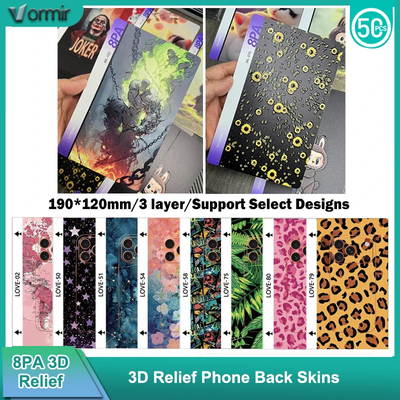 

VORMIR 50pcs 190*120mm 8PA 3D Embossed Back Films Phone Skin Back Stickers Decorative Film for Unlock Plotter Cutting Machine