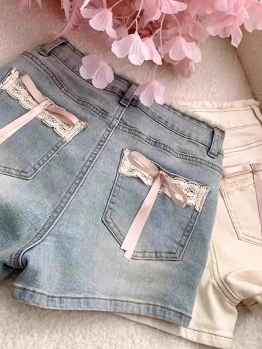 Pantaloni caldi aderenti aderenti a vita alta con nodo in pizzo da donna taglie forti Jeans casual estivi a gamba larga