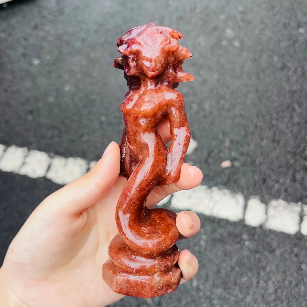 13cm Natural Crystal Hand Strawberry Quartz Medusa Head Sculpture Healing Crafts For Decoration Gift