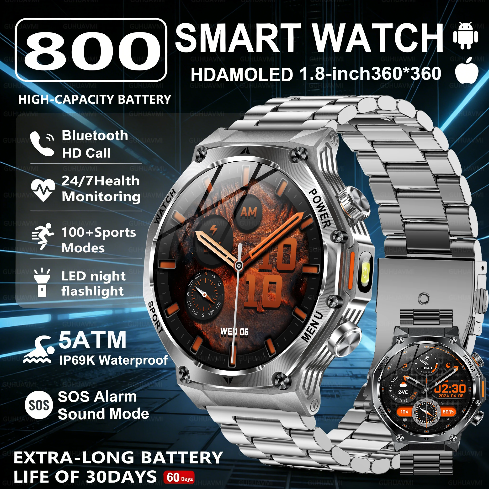 

2026 New Sports 1.8" Trajectory Strong Flashlight Waterproof 800mAh Large Battery Durable Adult Smart Watch Smartwatch Men Wome