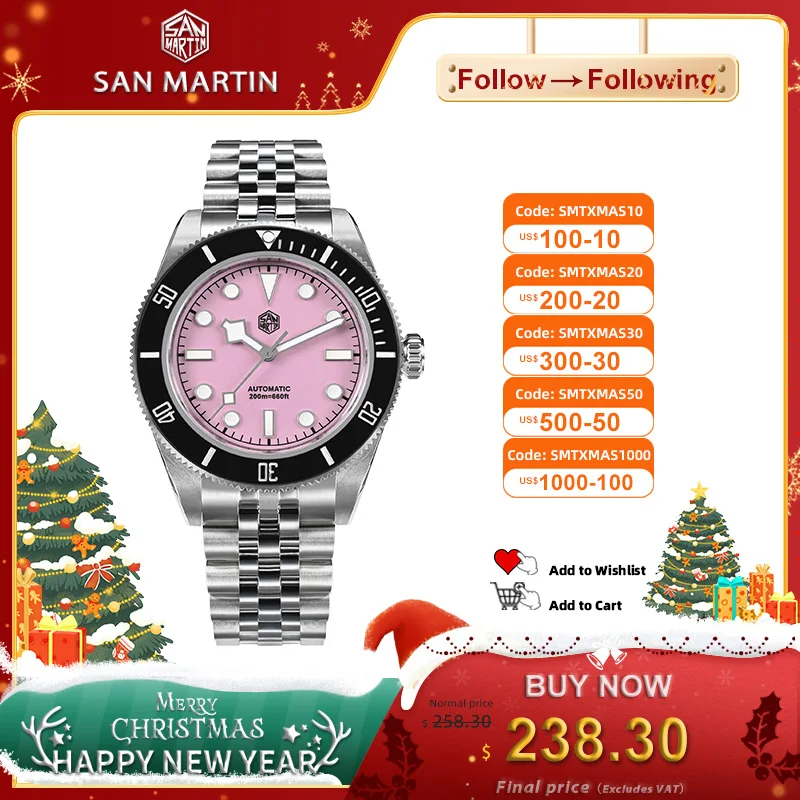 

San Martin 40mm Diver Watch Pink Dial Stainless Steel NH35 Automatic Mechanical Watches for Men Sapphire Waterproof 200m SN0128