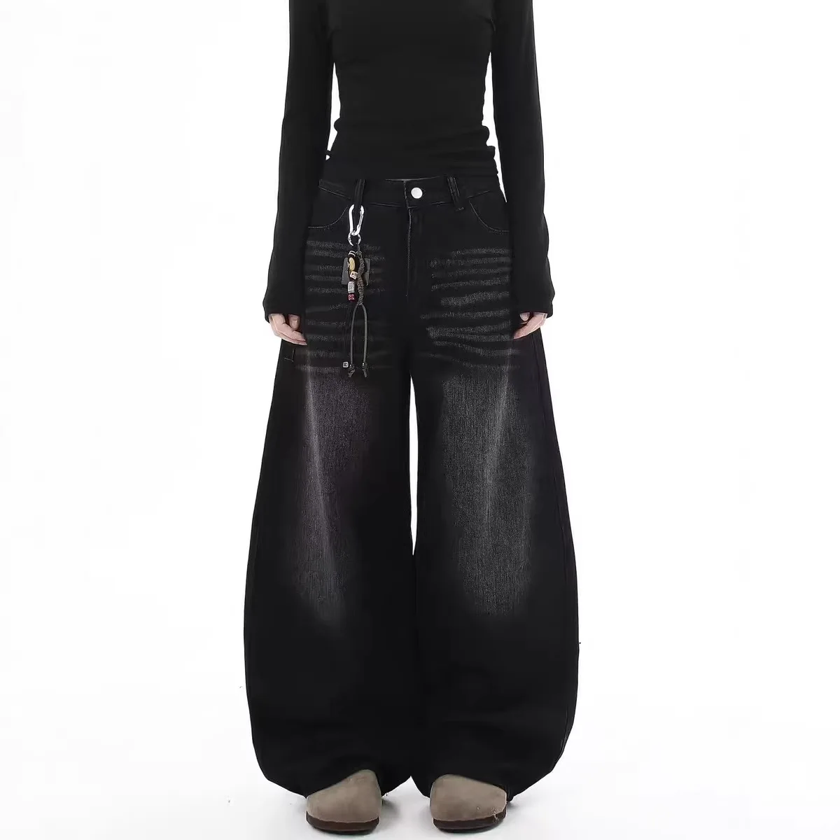 

Washed American Hip Hop Jeans Loose Wide Leg Jazz Dance Pants High Waist Asymmetric Pu Cotton Casual Straight Fit