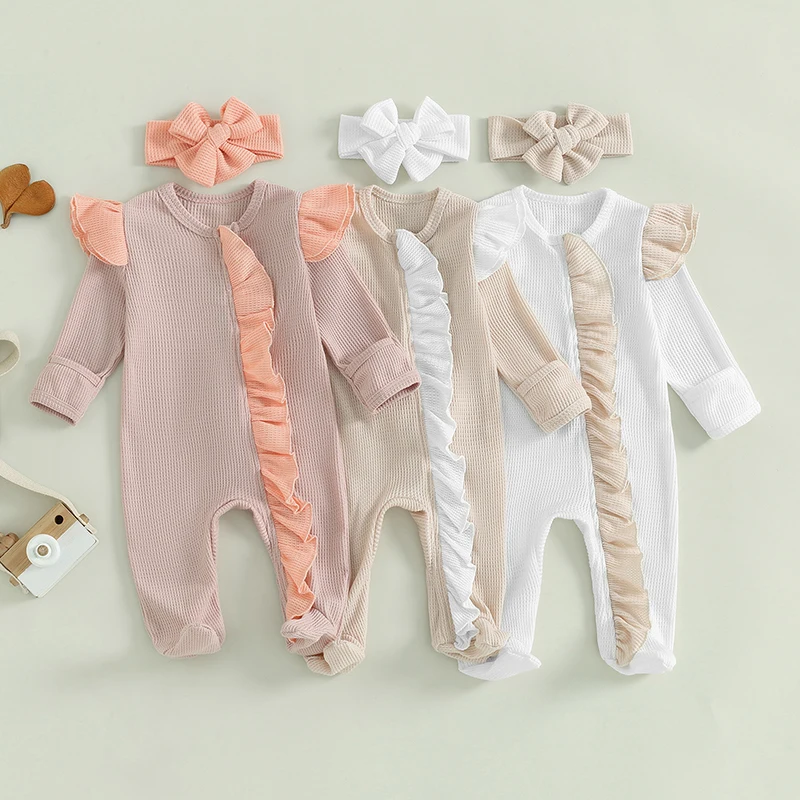 2024-05-11 Lioraitiin Baby Girls Outfit, Long Sleeve Crew Neck Frills Zipped Contrast Color Footies and Headband Fall Clothes