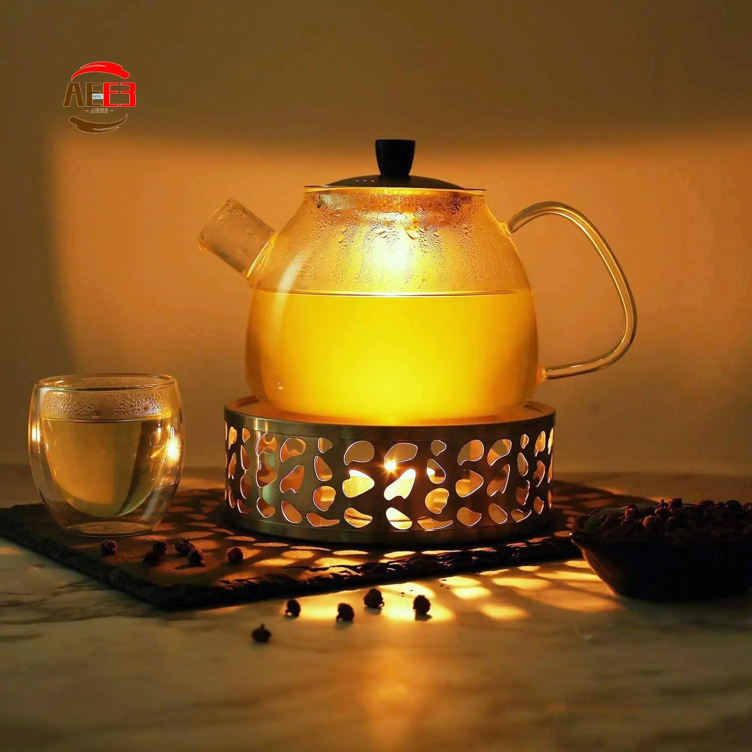 AEE3-Tea Warmer Coffee Warmer Made Of Stainless Steel With Tealight Holder Tea Base Hollow Carved Design Heater Coffee Warmer