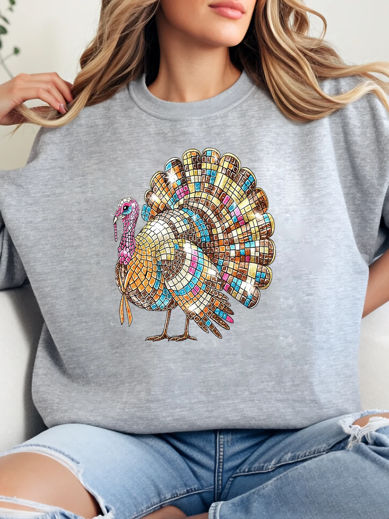 فسيفساء تركيا طباعة الشكر Crewneck البلوز المرأة ملابس الخريف عادية رمادي حجم كبير #1