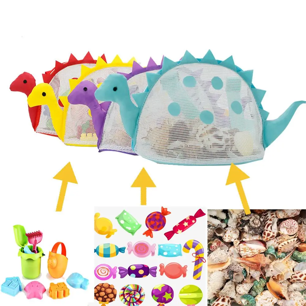 Tas jala pantai lucu dinosaurus berbentuk tas cangkang untuk memegang pantai mainan cangkang mengumpulkan tas penyimpanan untuk anak-anak alat pasir Organizer