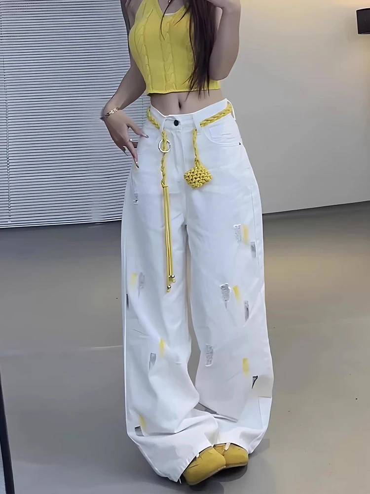 Y2K Nieuwe Losse Slanke Vrouwen Jeans Amerikaanse Mode Straat Gescheurde Vrouw Jeans Witte Hoge Taille Chique Rechte Pijpen Broek Vrouwelijke