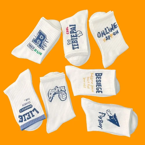 7/14 Pairs Men's Mid-Tube Socks Korean Version ins Trendy Socks Boneless Sports Socks High-Tube All-match Deodorant Socks