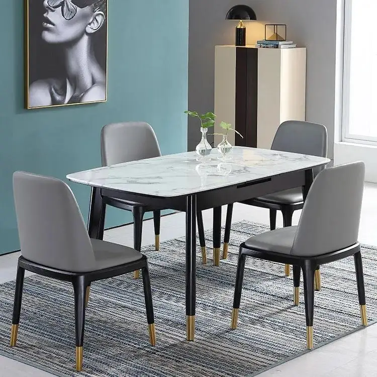 Modern Rectangular Sintered Stone Extendable Dining Tables With Marble Veneer Top Folding Dining Table