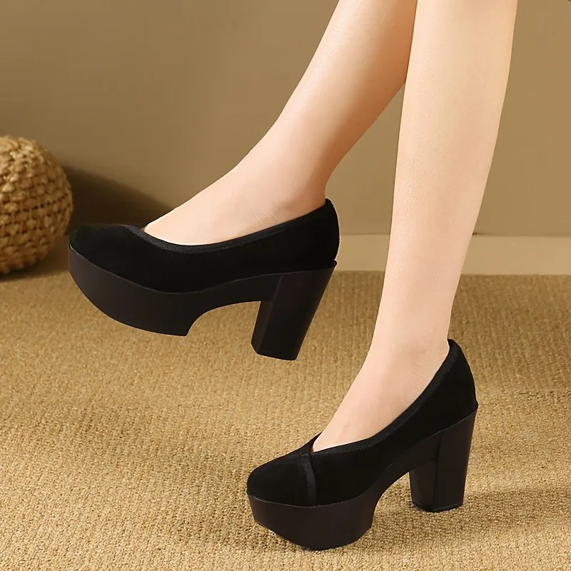 

High Heeled New Scrub Leather Round Toe Block Heel Platform Black Single Shoes