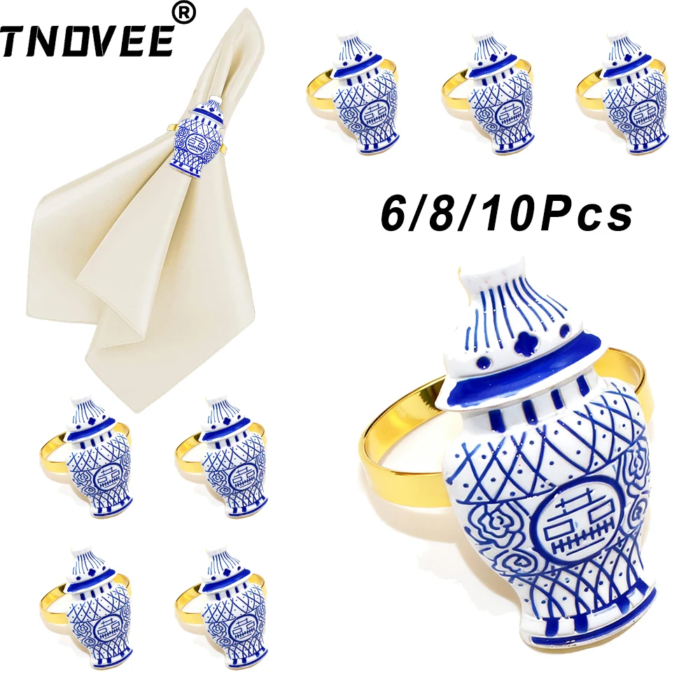 6/8/10Pcs Blue White Porcelain Napkin Rings Chinese Style Ceramic Napkin Holder for Asian Theme Wedding Vintage Table Decor view 3
