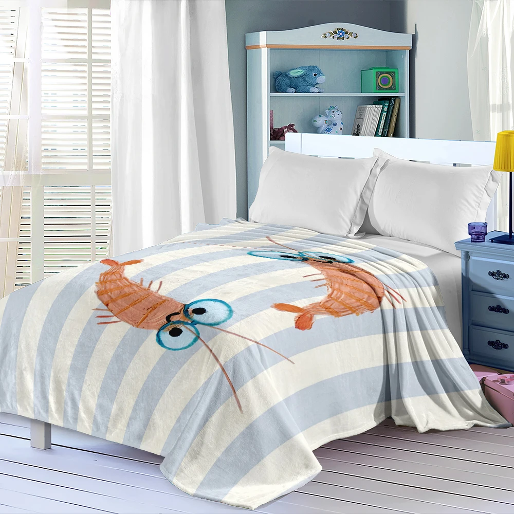 Blue Stripes Shrimp Super Soft Flannel Blanket Fuzzy Warm Throw Blanket for Bed Couch Cozy Plush Bed Cover All Season