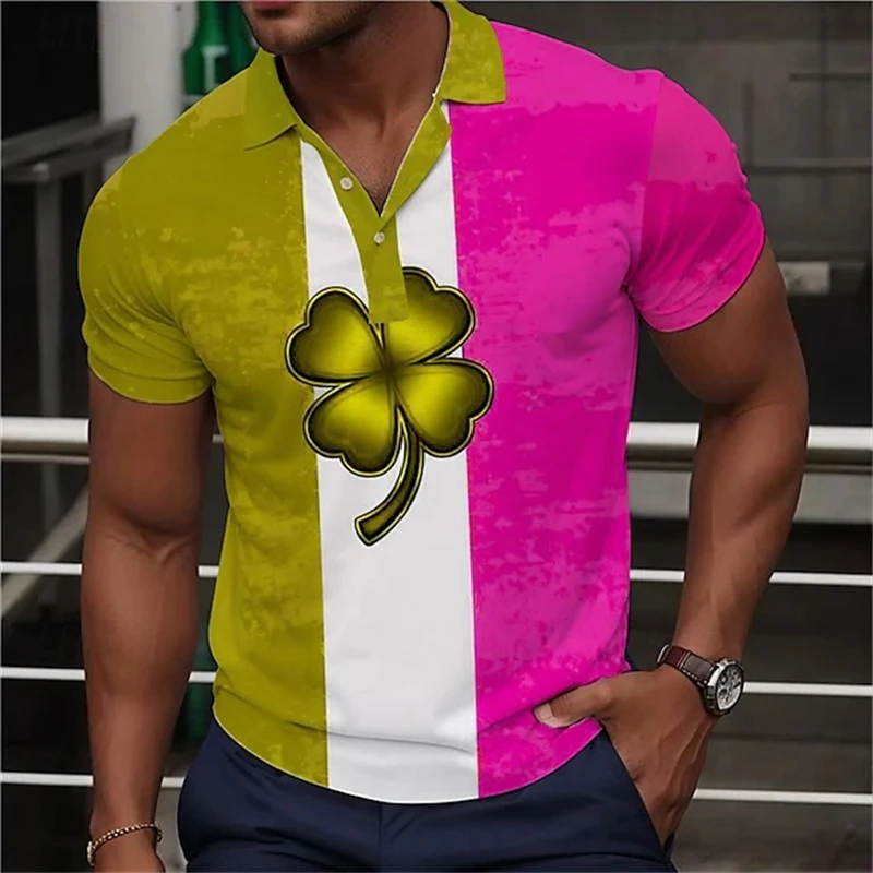 Four Leaf Clover Men's Casual 3D Print Polo Shirt Holiday Vacation Festival St. Patrick Pique Polo Shirt Short Sleeve Polo Tees