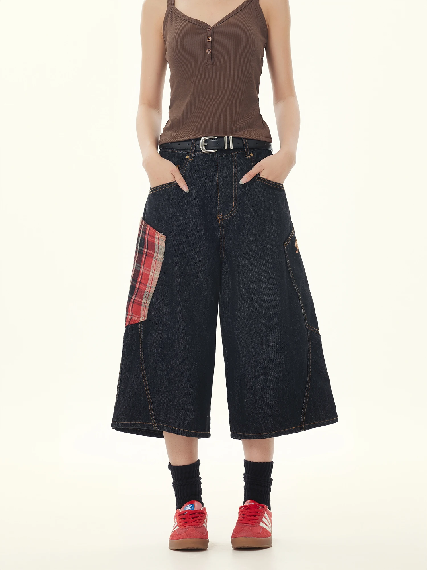 

Wild Aziz American Retro Plaid Splicing Loose Fit Bla Original Jeans Men Women Casual Summer Wide Leg Pants High Waist