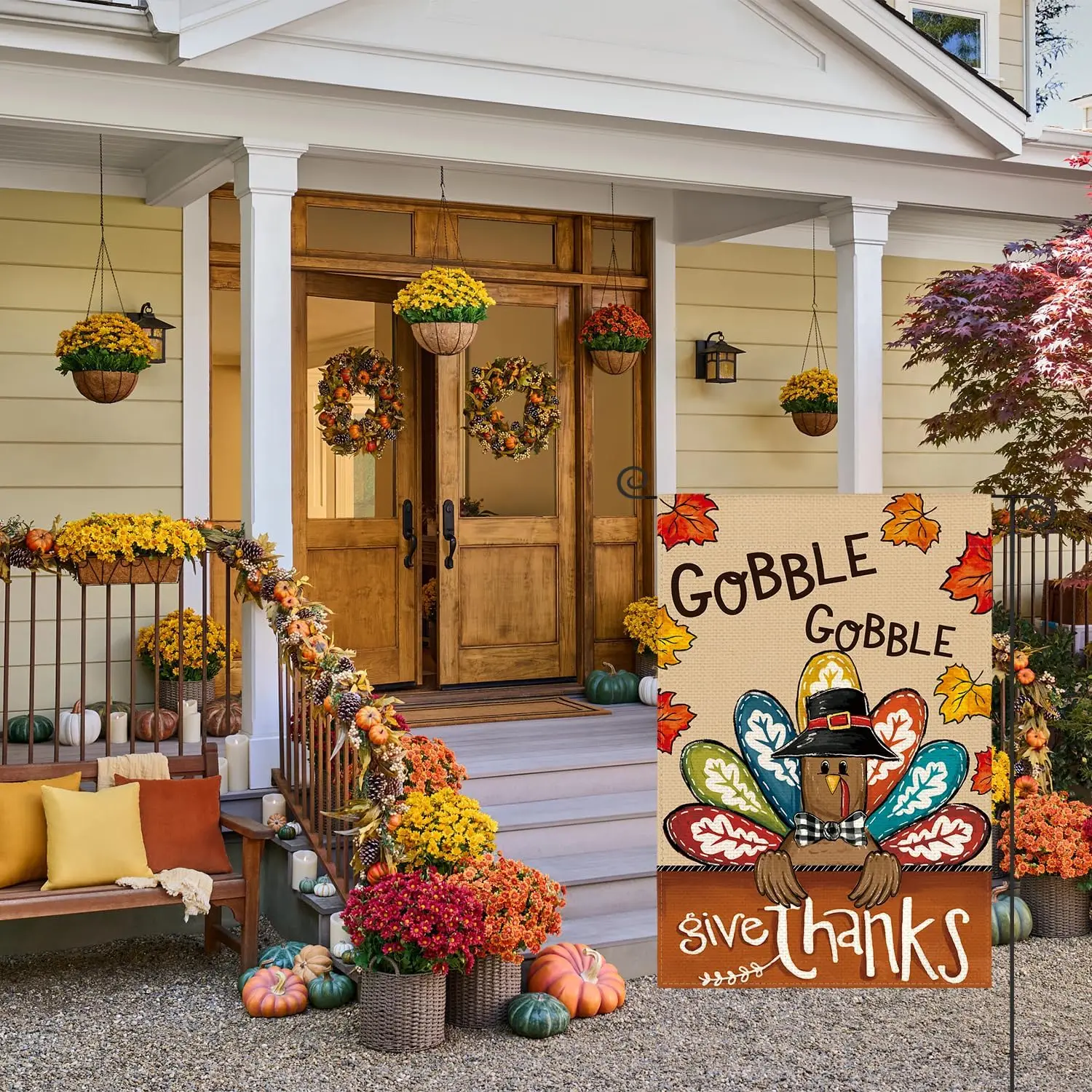 AVOIN colorlife Fall Thanksgiving Garden Flag 12x18 Inch Double Sided Outside, Give Thanks Gobble Gobble Turkey Yard Outdoor Dec