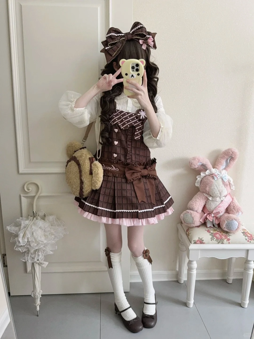 Vestido japonés Sweet Lolita JSK con botones en forma de corazón y detalle de lazo, decoración a cuadros en color marrón chocolate, estilo Harajuku, subcultura Kawaii.