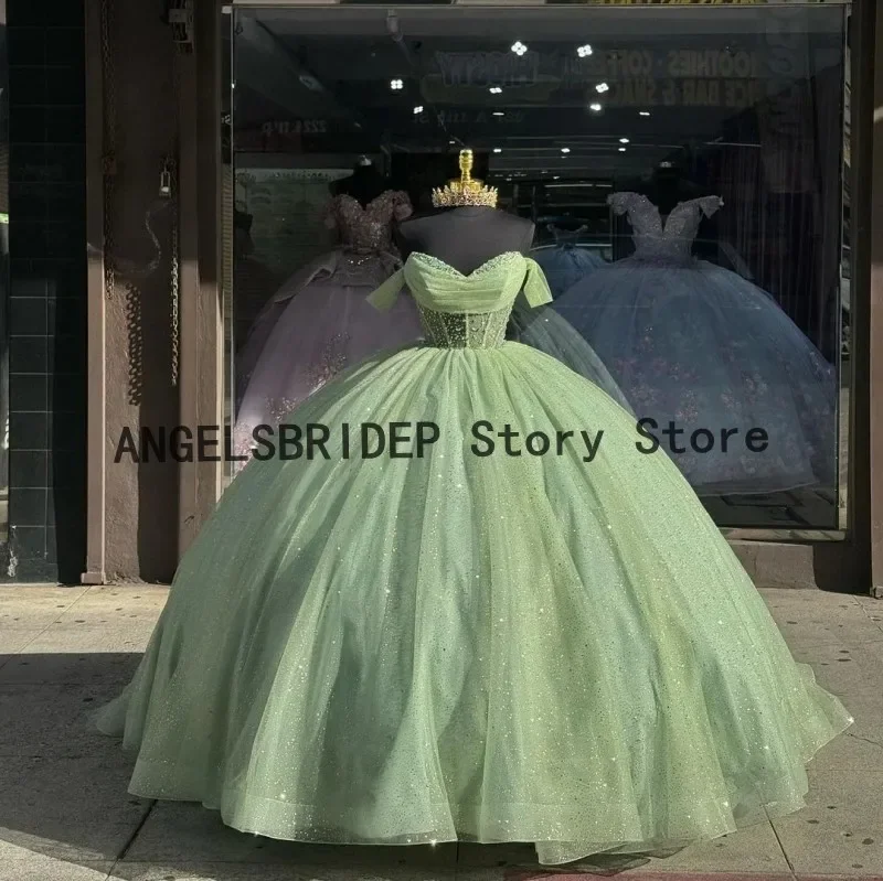 Glitzernde Salbei grüne Prinzessin Quince anera Kleider von der Schulter Ballkleid Ballkleid Vestidos de 15 Anos Party Geburtstags kleid