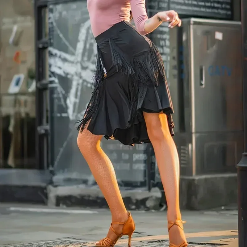 

Latin Dance Skirt Long Women Adult Dancing Tassel Dress Exercise Clothing Big Hemline Fishtail Skirt Bottoms Performance Wear
