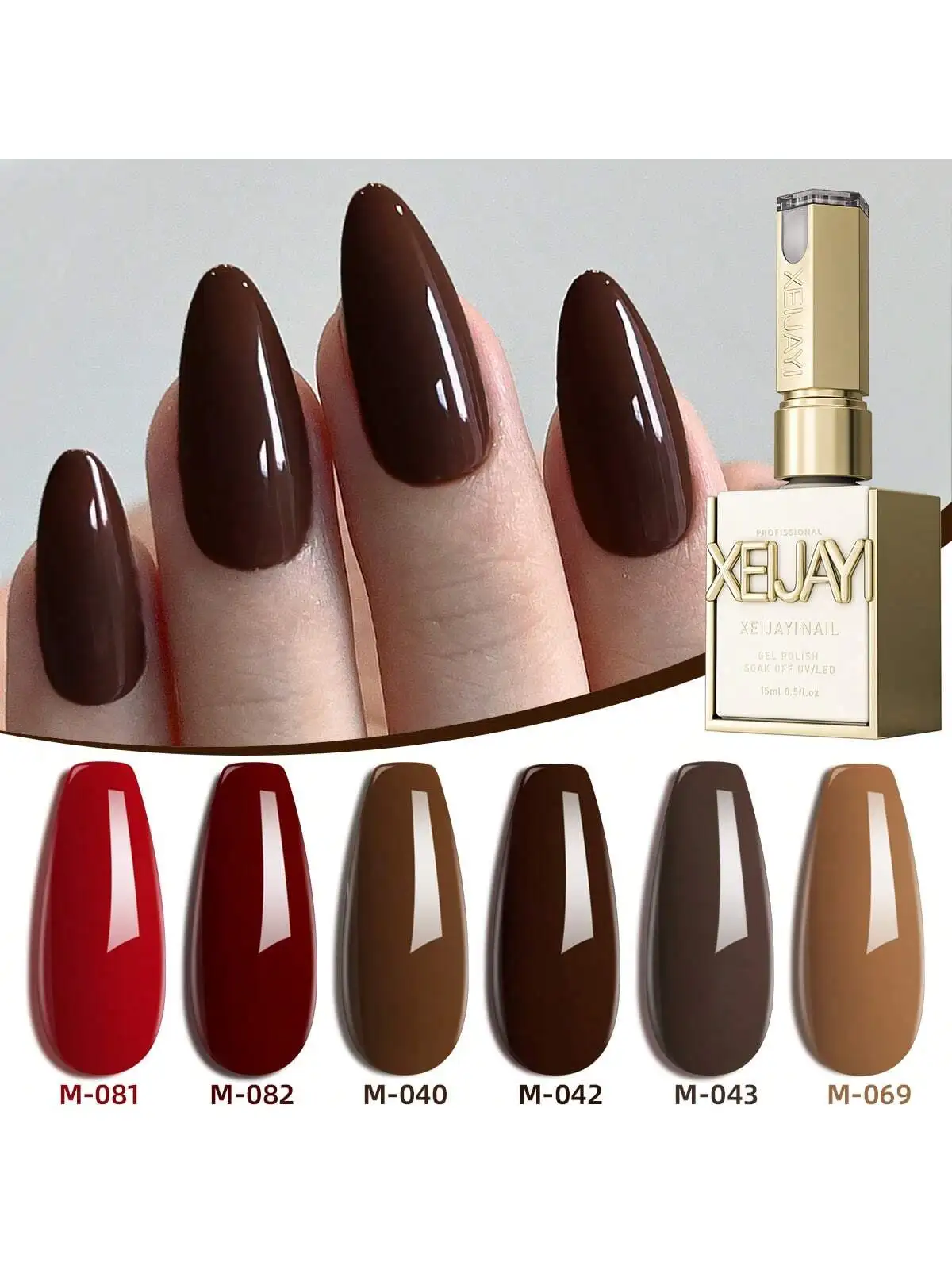 6-Color 15ml Red Brown Gel Nail Polish Set, UV LED Soaking Nail Gel, Semi-Permanent, DIY Salon Quality Nail Art Gel