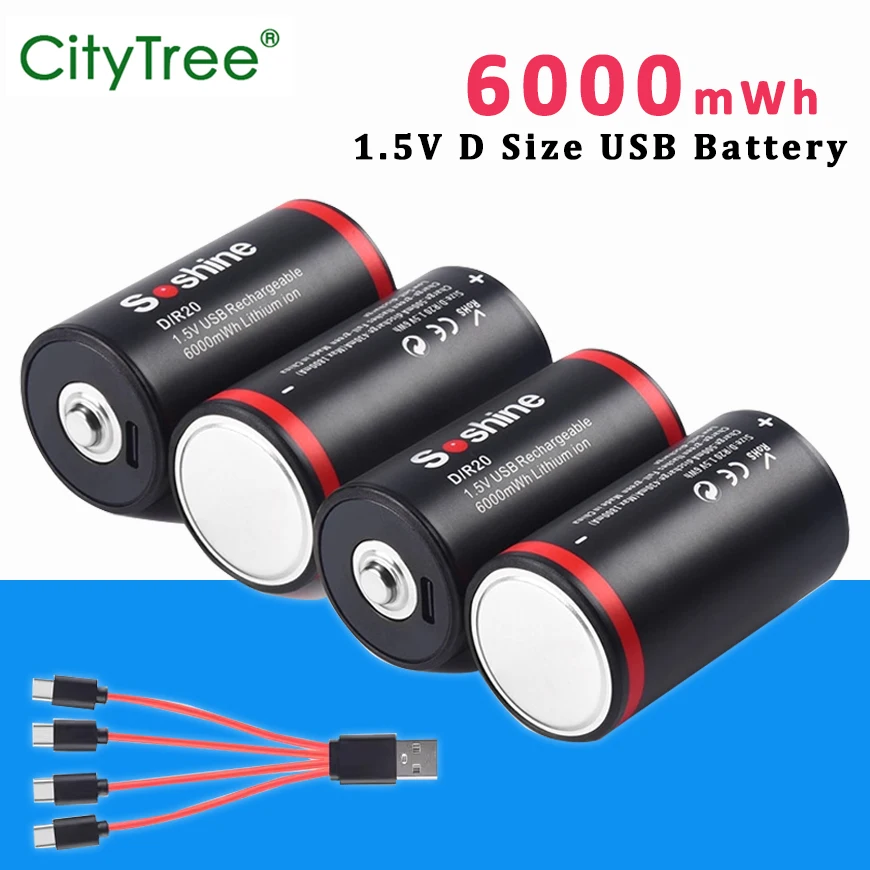 

CityTree 1.5V LR20 USB Li-ion Battery D Size Rechargeable Batteries 6000mWh with USB Cable for Flashlight Gas stove Water Heater