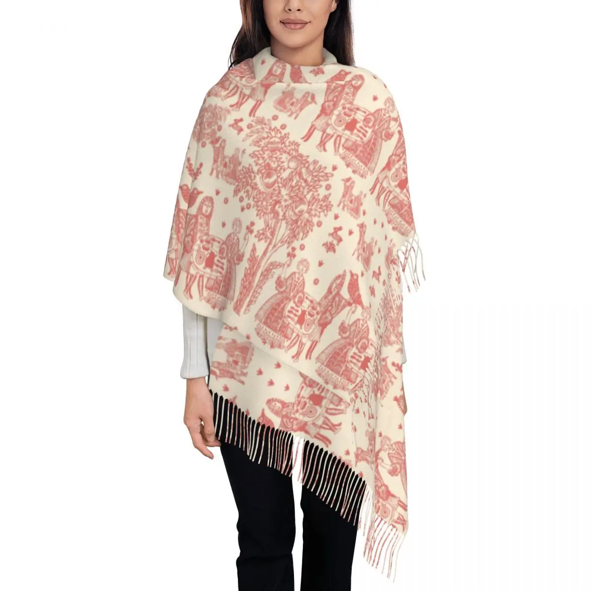 Luxury Toile De Jouy French Motif Tassel Scarf Women Winter Fall Warm Shawl Wrap Ladies Flora Scarves