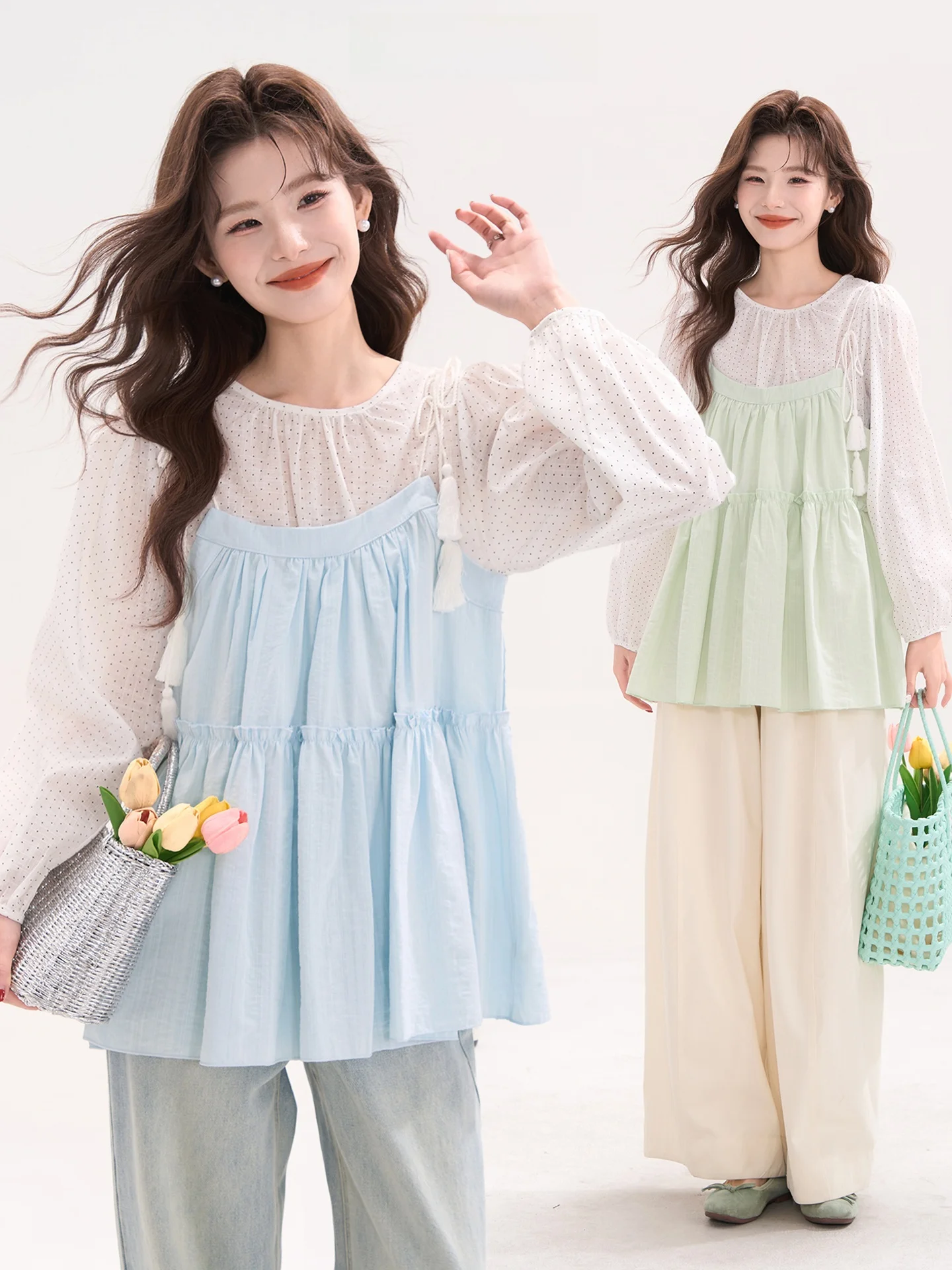 

Korean Sle Tassel Trim Belted Vest Women's Spring Season Two-Piece Set Loose Fit Cotton Blend Casual Faion