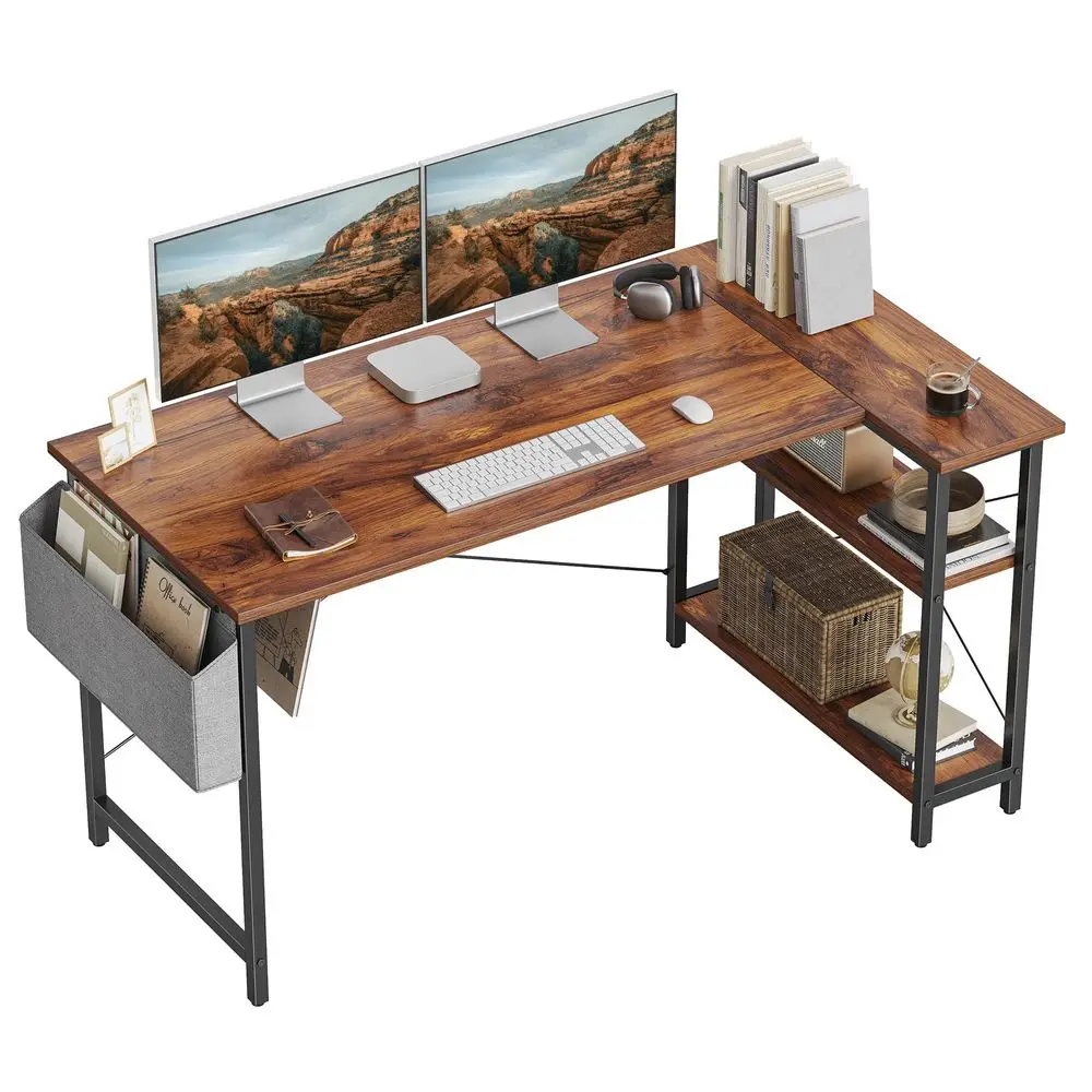 

L Shaped Desk, 55 Computer Table with Reversible Storage Shelves Home Office Corner Study Writing Gaming, Brown