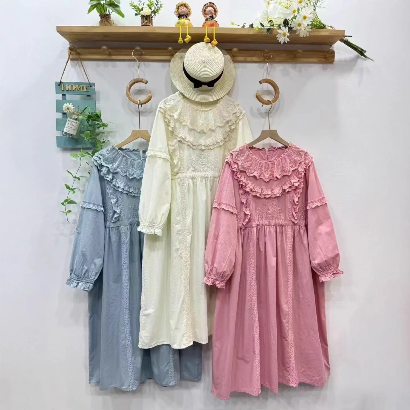 [Stock prêt] haute qualité femmes 100% coton Blouse chemise à manches longues robe couleur unie doux dentelle robes en dentelle