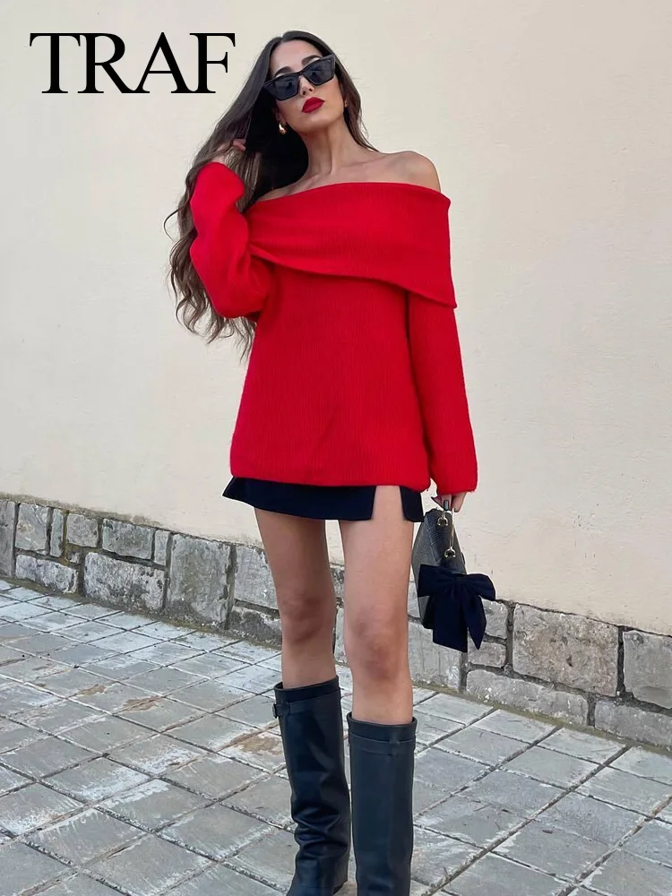 TRAF 2024 Women\'s Fashion Solid Off Shoulder Sweater Long Sleeve Knitted Pullover Sweater One Shoulder Pullover Female Chic Tops