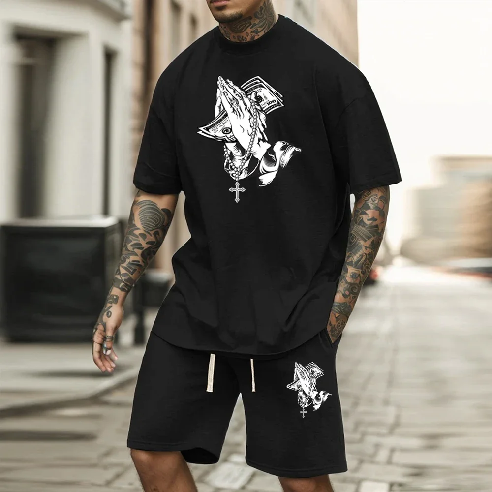 

Summer Men's Set Sportswear Cross Print Cotton T-shirt+sports Breathable Shorts Set Jogging Short Pants Set Dollar Streetwear