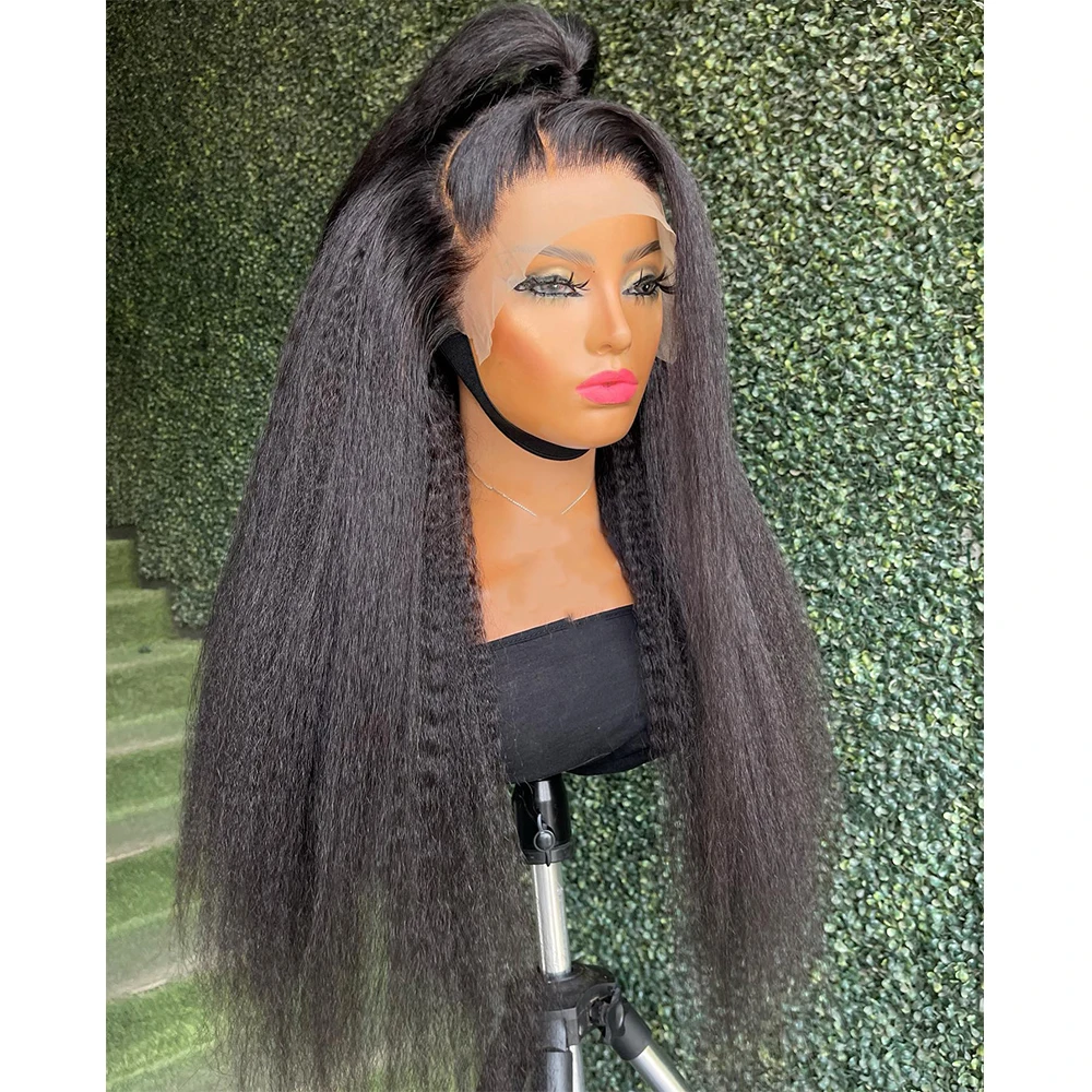 

Soft Long 26Inch Yaki Kinky Straight Natural Black Lace Front Wig For Black Women Synthetic Preplucked Glueless Baby Hair Daily