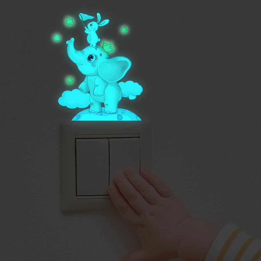 Glow-in-the-Dark Cartoon Elephant Wall Stickers For children's Room Removable Blue Night Light Decals For Kids' Rooms