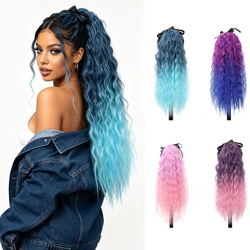 Synthetic 24Inch Long Kinky Curly Ponytail Drawstring Wrapped Around Clip in Rainbow Fake Hairpiece for Women Cosplay Party