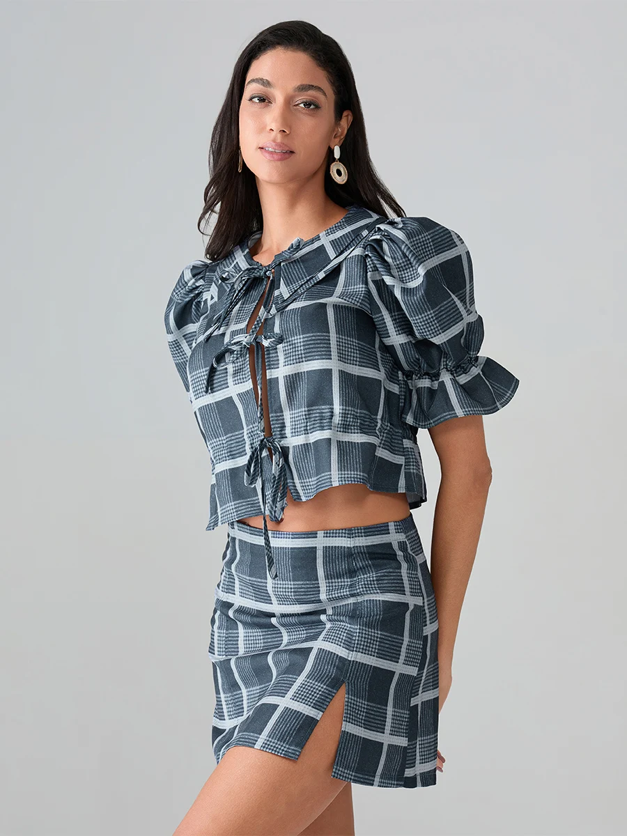 Casual 2 Piece Set with Plaid Print Tie Front Top and Split Skirt Perfect for Summer Streetwear Fashion