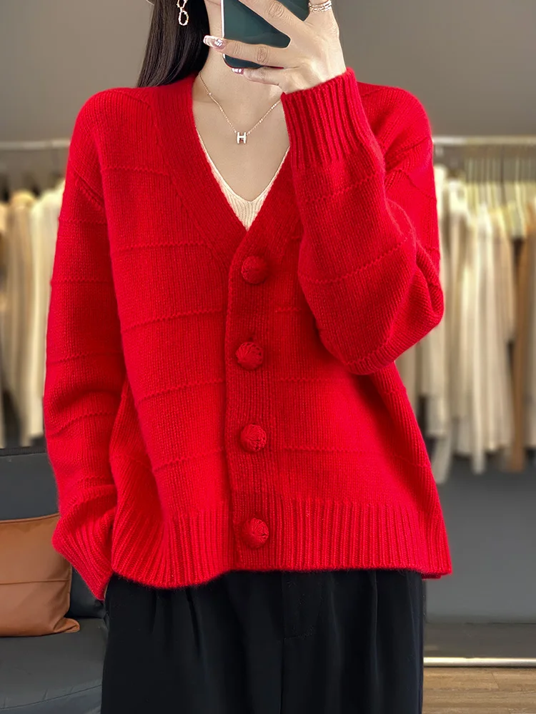 Oversize Womens Cardigan 100% Merino Wool New Arrival Sweater VNeck Pullover Knitted Jumper Lady Clothes Outerwear Fashion Trend