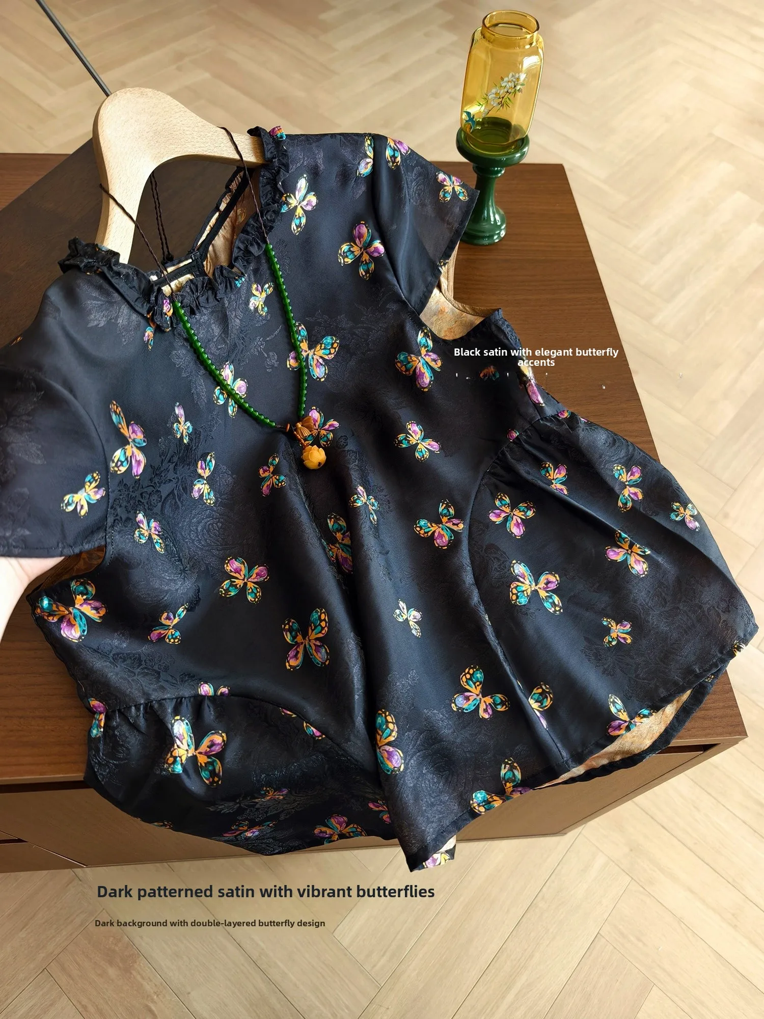 Adorable  Print Peony Patterned Embroidered Ruffle Collar Short Sleeve Top for Women by Xiao Er Production