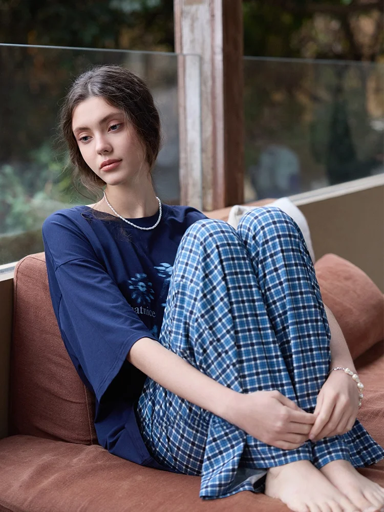 meiteng-blue-modal-cotton-pajamas-women-summer-plaid-short-sleeve-home-clothes-round-neck-lazy-comfortable-breathable-sleepwear