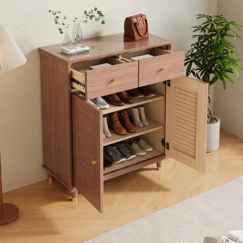 Solid wood shoe cabinet, living room decoration, storage at the door, entrance cabinet, covering curtain shoe rack
