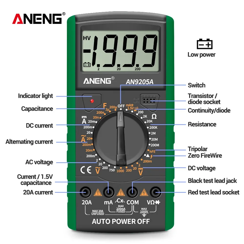 ANENG AN9205A Digital Multimeter 1999 Counts True RMS Auto Meter Electrical Capacitance Meter Temp Resistance Multitesters Tools