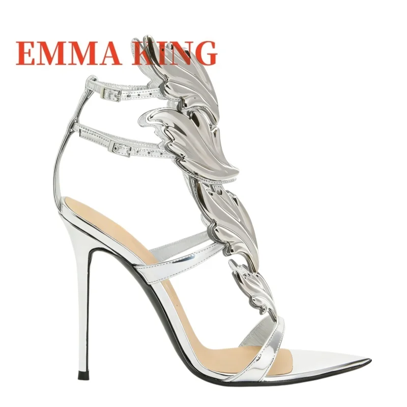 Women's Metallic Winged High Heel Sandals, Pointed Toe Stiletto Ankle Strap Heels,Luxury Party Winged High Heels Shoes,35-44