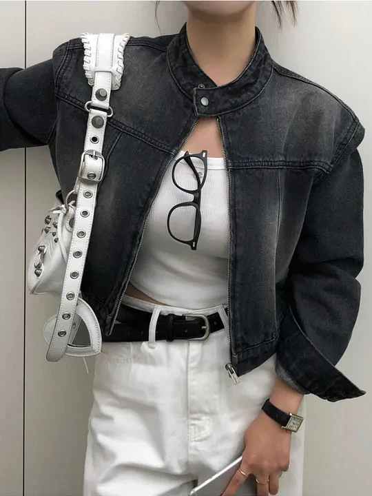 

Faionable ort Denim Jaet Женская маленькая распродажа Гонконг Sle Ретро Шикарная верхняя одежда Дизайн ор Топ Модный воротник-стойка