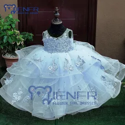 Light Blue Lace Baby Girl Dresses O-Neck Crystals Little Flower Girl Dress for Wedding First Communion Birthday Party Gown