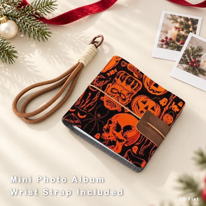 Halloween Retro Horror Pattern Mini Photo Album Portable 3 Inch Photo Card Holder With Detachable Wrist Strap Holiday Keepsake G