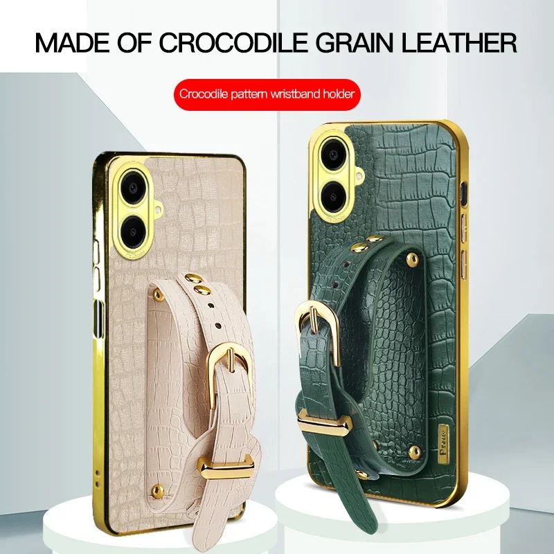Crocodile Pattern Leather Phone Case for Samsung Galaxy A04e A06 A05s Silicone Soft Back Cover Cases with Stand Wrist Strap