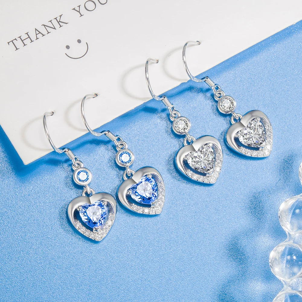 

925 Sterling Silver/Blue Luxury Heart-Shaped Zirconia Earrings for Women, Fashionable Wedding Party Jewelry