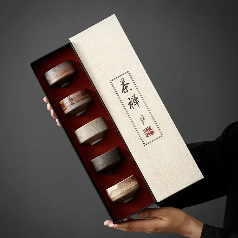 

Coarse Pottery Master Cup Set Ceramic Teacup Zen Kung Fu Tea Cup Japanese Retro 5 Gift Box