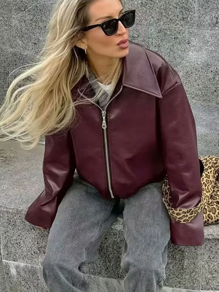 HH 2024 otoño moda urbana chaqueta Bomber de cuero para mujer Color sólido manga larga solapa cremallera mosca casual abrigos Retro