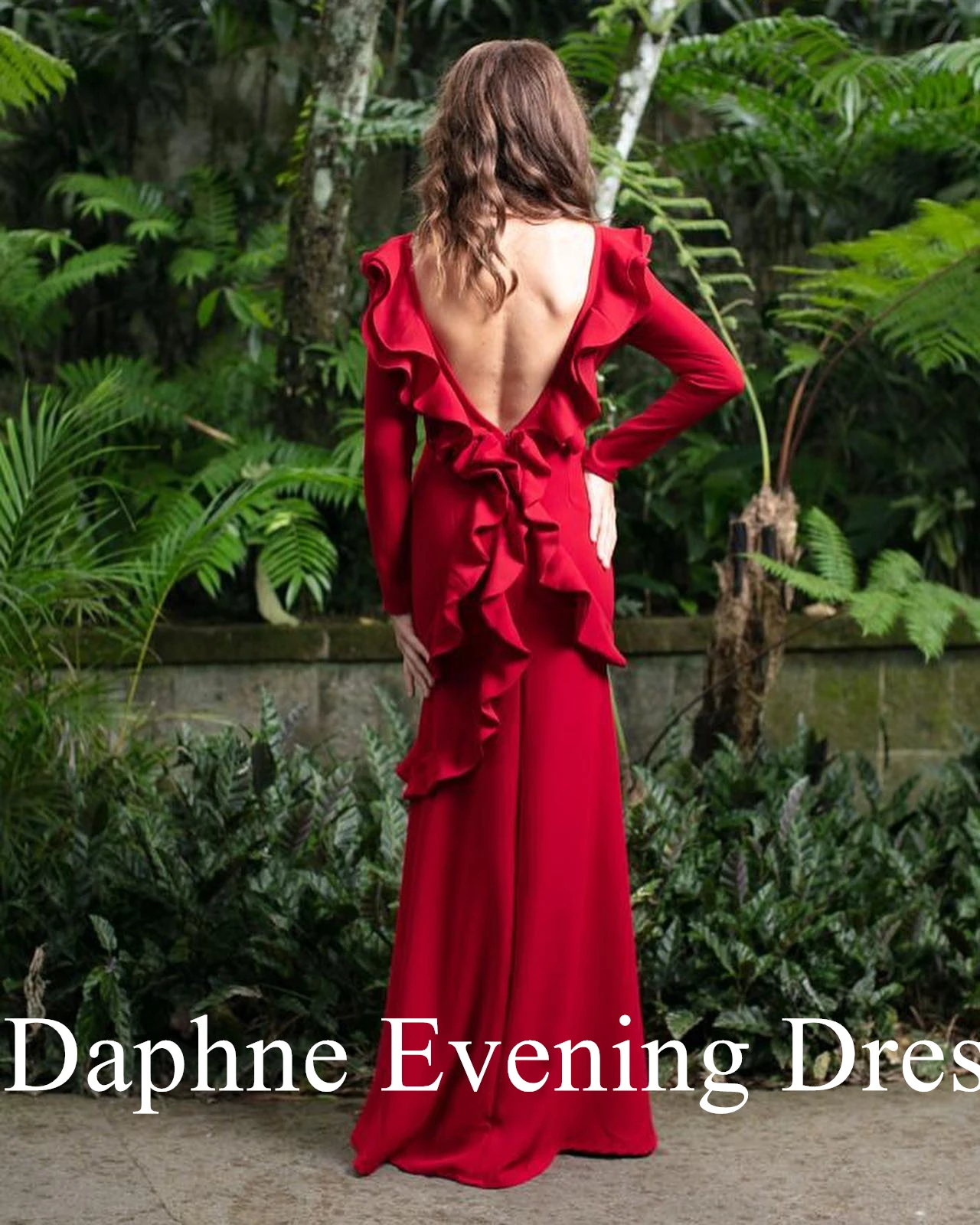 Customized Graceful Mermaid V-Neck Long Sleeves Ruffles Evening Dress Modern Backless Pleats Photo Color Vestido De Festa