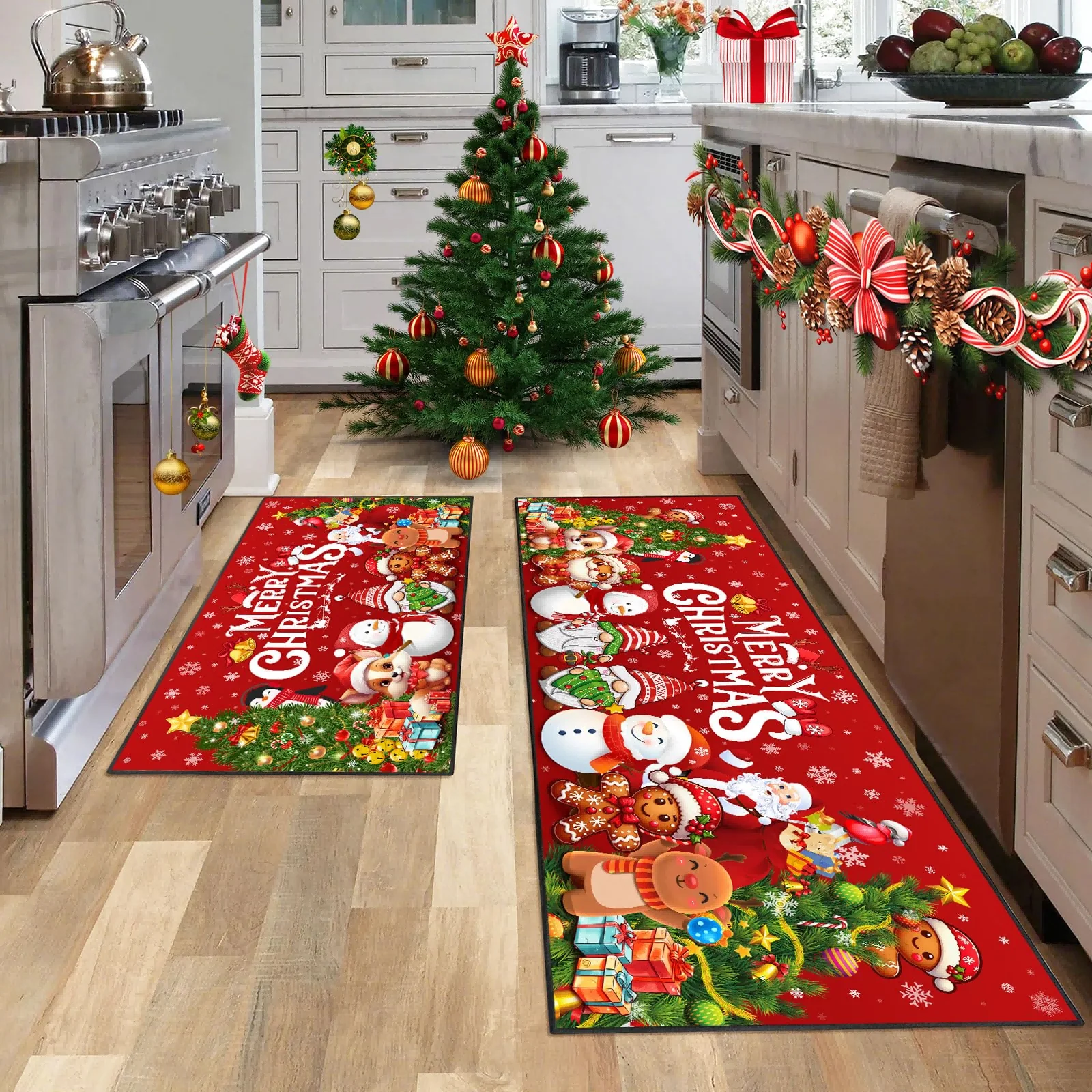 VIKAMA 2-teiliges Küchenteppich-Set für frohe Weihnachten, neuer Winterurlaub, Küchendekoration, Bodenmatte, Veranda, Wegematte, rutschfeste Heimdekoration