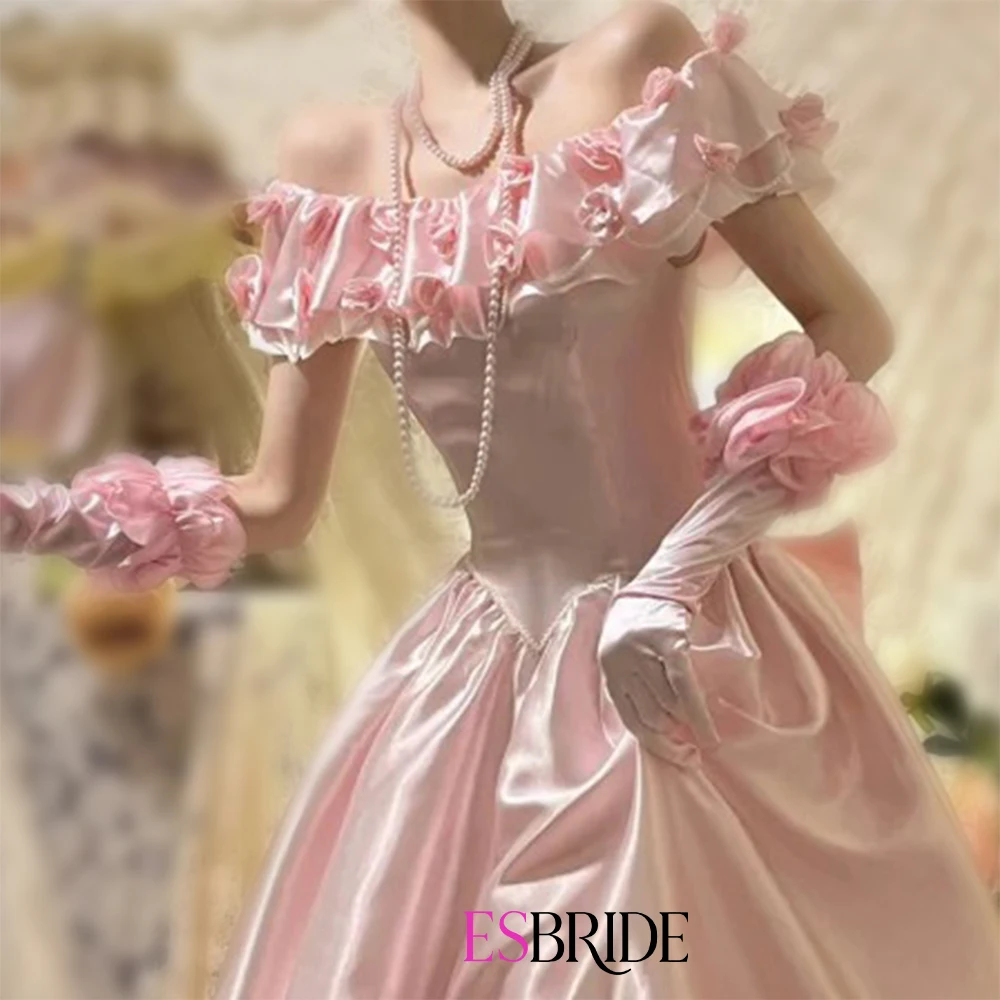 ESBRIDE Abito da sposa vintage in pizzo con spalle scoperte in raso rosa Abito da sera personalizzato Abiti da festa di compleanno formali con scollo a cuore